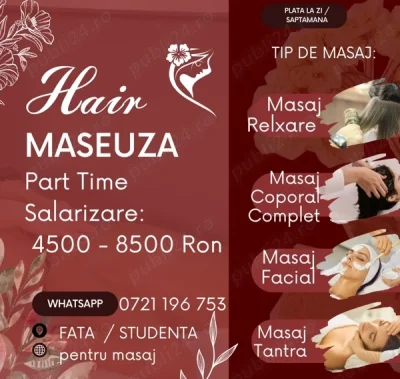 Maseuză E.RO.TIC, Nude, Masaj de Relaxare Tantra, Part-Time. Fara Experiență.